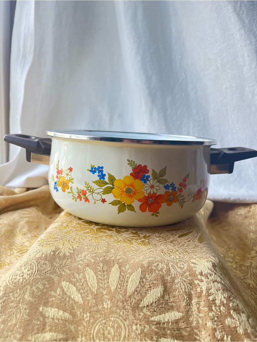 Vintage JMP Sweet Flowers Enamelware Sauce Pot-Dutch Oven Retro 1970s - Spain